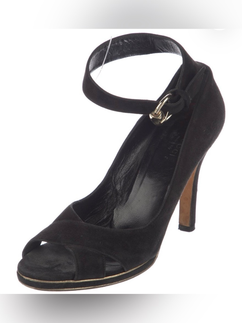 Gucci Black Suede Peep Toe Platform Ankle Strap Heels Pumps Size 8 / 38